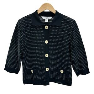 Ming Wang Black White Dot Signature Textured Knit 3/4 Sleeve Structured Top Med